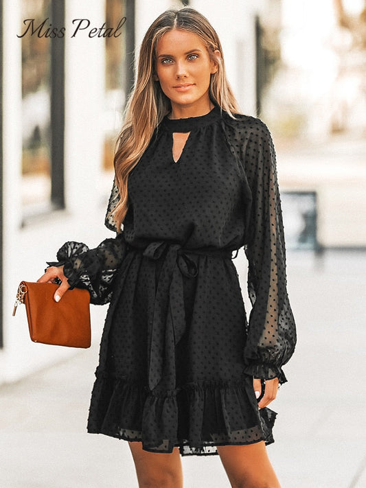 Black Chiffon Belted Clip Dot Ruffled Mini Dress  Sexy Long Sleeve A-line Sundress