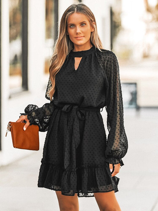 Black Chiffon Belted Clip Dot Ruffled Mini Dress  Sexy Long Sleeve A-line Sundress