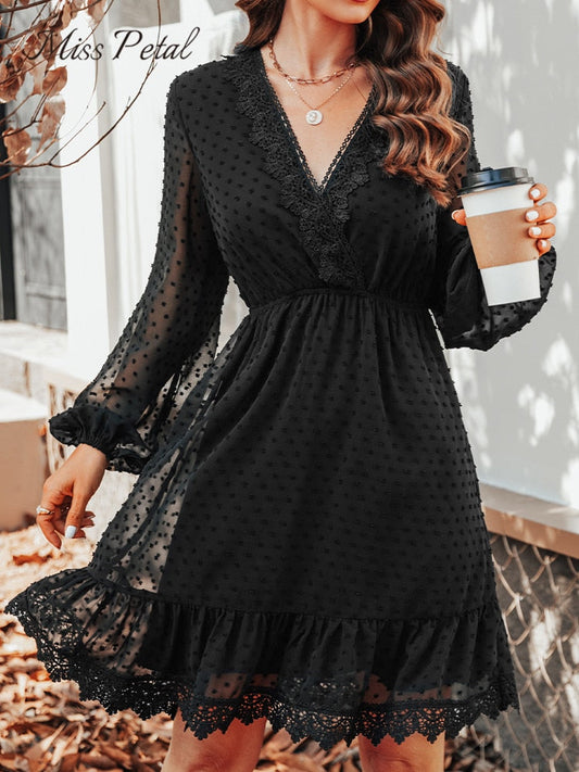 Black Clip Dot Lace Mini Dress  Sexy V-Neck Long Sleeve A-line Sundress