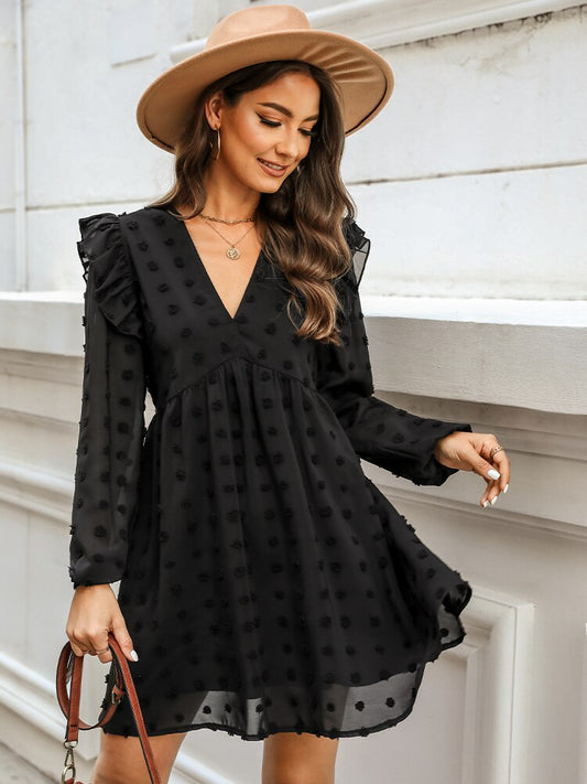 Black Clip Dot Ruffled Chiffon Mini Dress  Sexy V-Neck Long Sleeve A-line Spring Femal Sundress