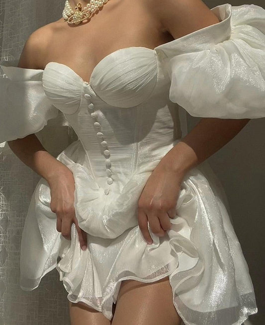 WannaThis Mesh Corset Mini A Line Dresses Skims White Off Shoulder Spring Summer Sexy Folds Puff Sleeve Women Elegant Evening