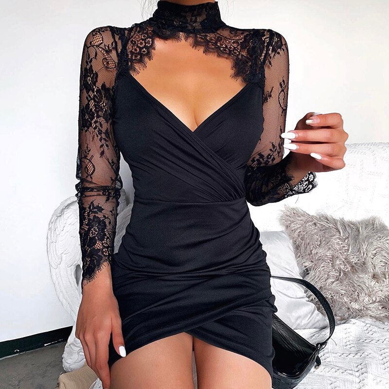 WannaThis Black V-Neck Patchwork Lace Long Sleeve Bodycon Dress  Asymmetry Hem Women Ruched   Elegant Party Dresses