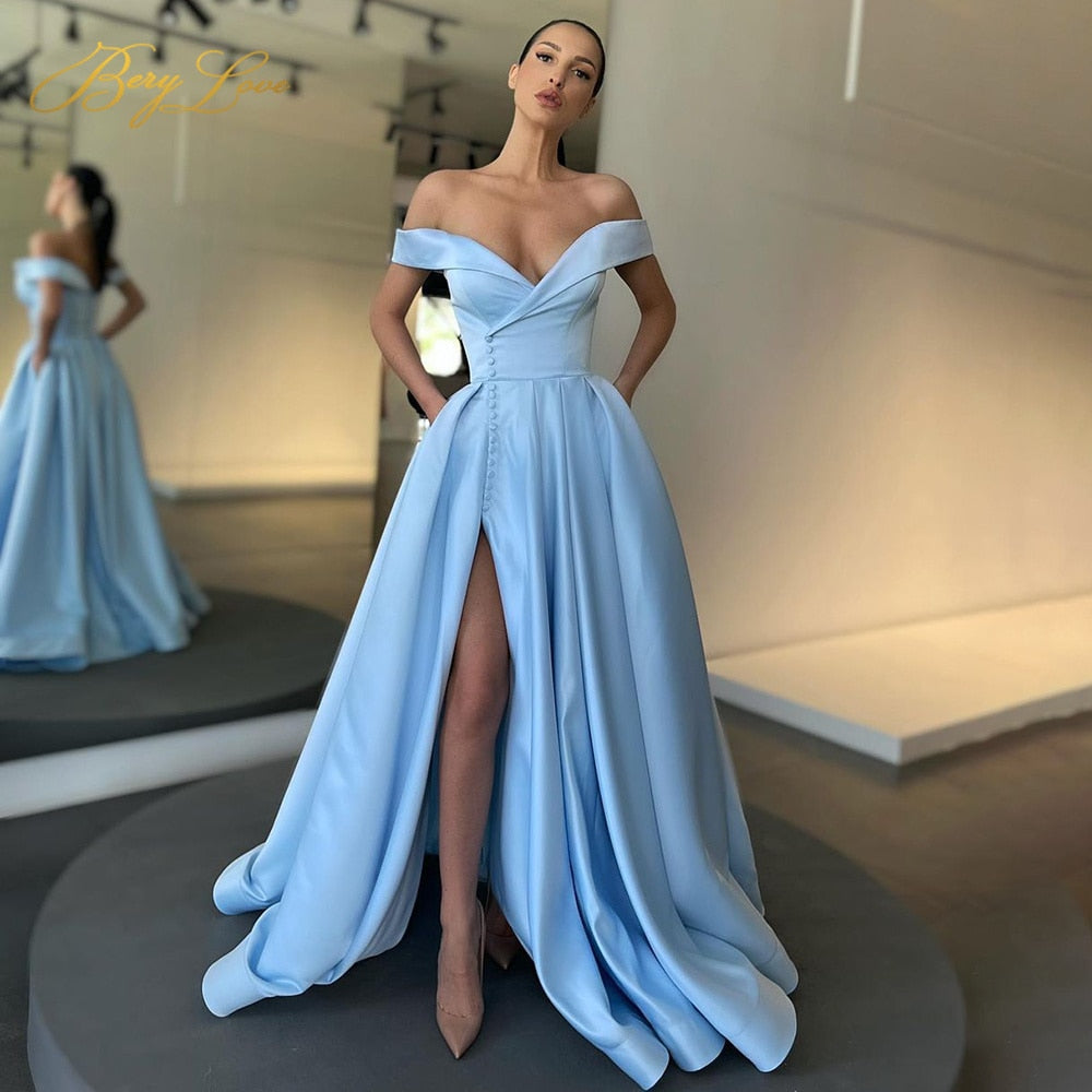 Baby Blue Evening Dress Sexy Long Party Gowns Elegant Satin Prom Dresses Button High Slit Formal Christmas  de soiree