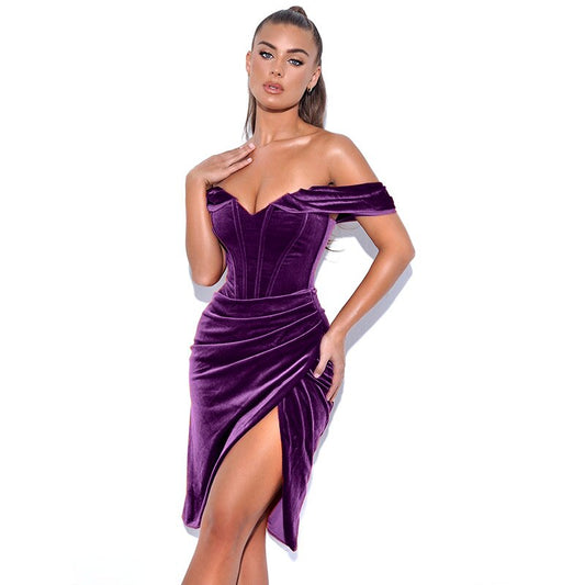 WannaThis Velvet Knee-length Corset Dresses 's Sexy Elegant Off Shoulder Bodycon Split Evening  Fashion