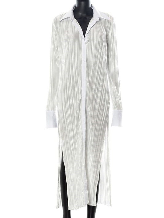 WannaThis Turn Down Collar  Midi Dress  Folds Split Button Casual   Long Sleeve Elegant Sexy Vintage Chic White Dress