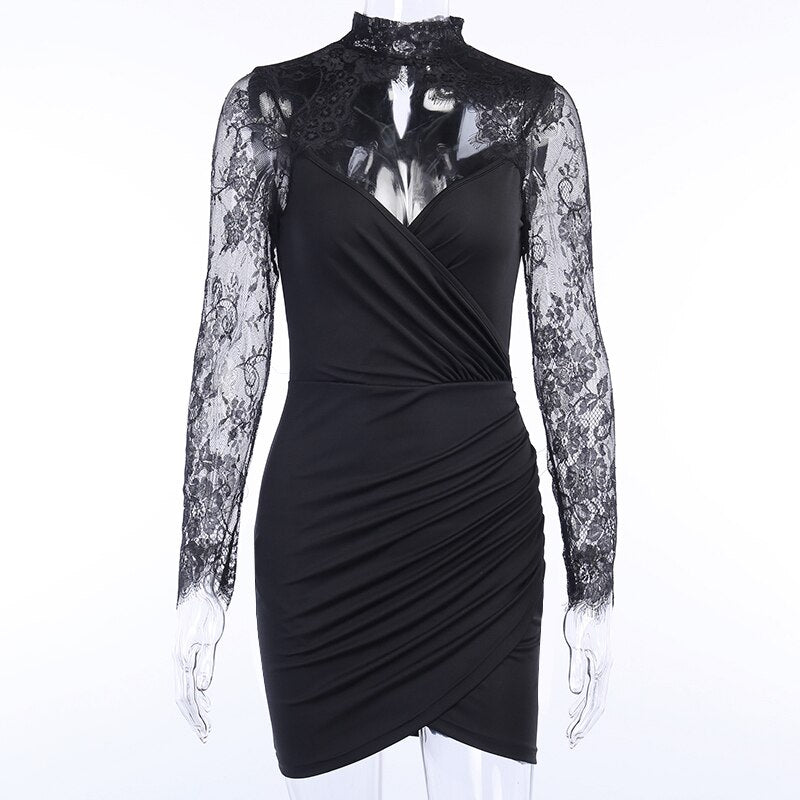 WannaThis Black V-Neck Patchwork Lace Long Sleeve Bodycon Dress  Asymmetry Hem Women Ruched   Elegant Party Dresses