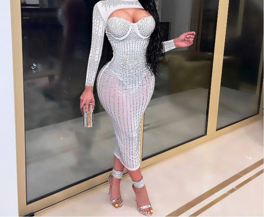 ANJAMANOR Rhinestone Mesh Sheer Sexy Evening Dresses   Bling Gown Party Club Wear Long Sleeve Bodycon Dress D42HD47