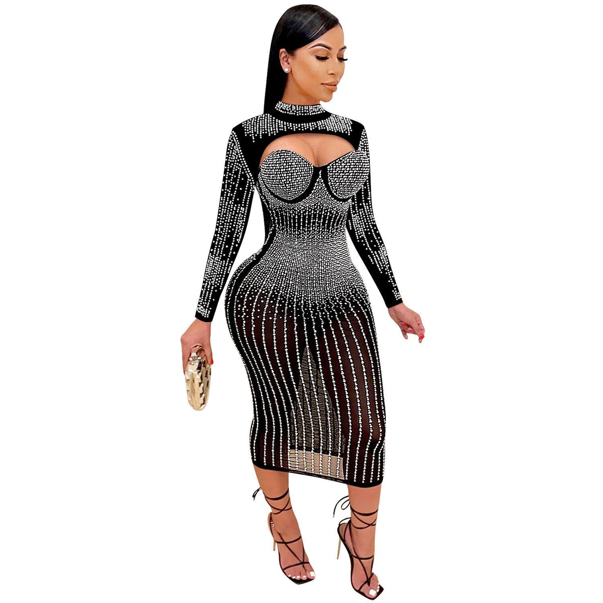 ANJAMANOR Rhinestone Mesh Sheer Sexy Evening Dresses   Bling Gown Party Club Wear Long Sleeve Bodycon Dress D42HD47