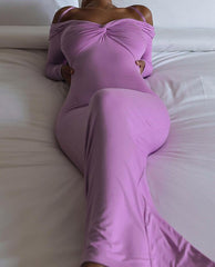 Articat Sexy Off Shoulder Ruched Maxi Dress Women Purple Long Sleeve High Slit Dress    Elegant Party Clubwear