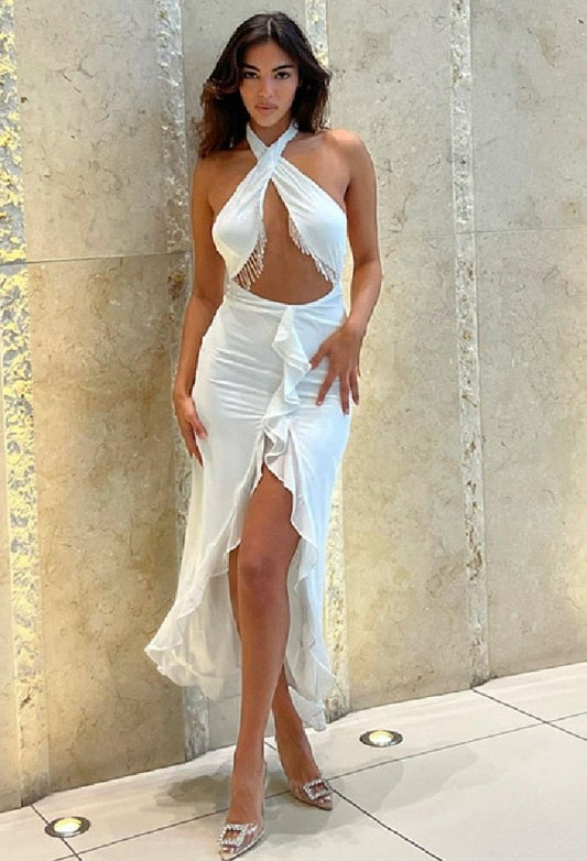 White Ruffled Backless Halter Maxi Dress Sexy Dinner Dresses  Party Birthday Beautiful Evening Gowns C16-CG32