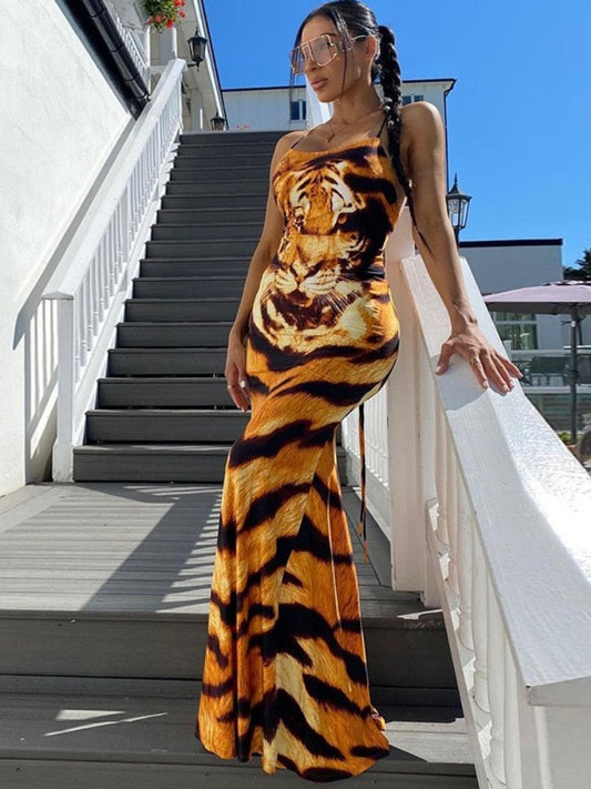 Tiger Printed Sexy Backless Maxi Dress Spring Summer  Women Party Nightclub Outfit Halter Bodycon Dresses C70-CD27