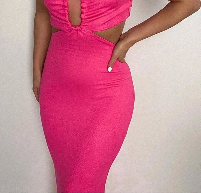 Women Neon Ribbed Sexy Y2K Cloth Lace Up Inclined Shoulder Sleeveless Backless Hollow Out Bodycon Midi Dress Outfit Club