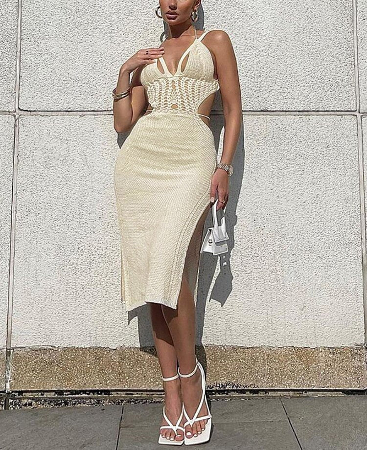 Articat Knit Sexy Backless Bandage Women Dress White Hollow Out High Slit Dress    See Through Party Clubwear