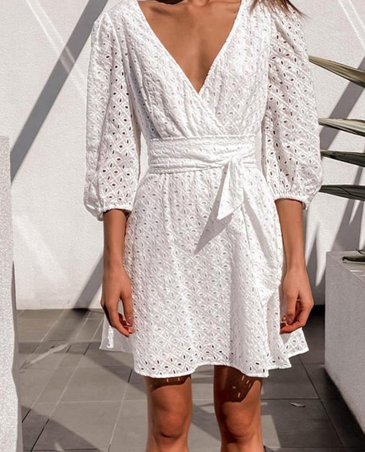 White Boho Spring Summer Dresses   Elegant Hollow Out V-Neck Sexy Party Dress Beach Sweet Vacation  Clothing