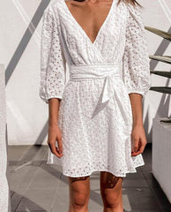 White Boho Spring Summer Dresses   Elegant Hollow Out V-Neck Sexy Party Dress Beach Sweet Vacation  Clothing