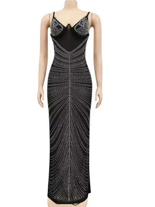 Beyprern Sparkle Black Mesh Sheer Rhinestones Maxi Dress Gown Women Glam Spagetti Straps Crystal Party Dress Celebrities Outifts