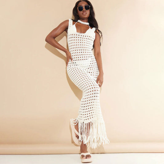 Women Hollow Out Beach Knitted White Dress  Sexy Backless Mesh Midi Dresses  Spring Summer Bodycon O-Neck Lace Up  Robe