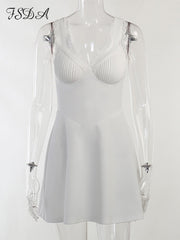 V Neck Mini Elegant Women Dress Party White  Spring Summer Lace Backless Dresses Bodycon Sleeveless Club