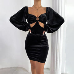 Women Sexy Dress Black Hollowed-out Collar Ring  Hip Dress Ring Linked Cut Out Lantern Sleeve Velvet Bodycon Dress