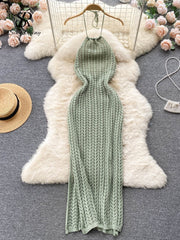 Backless Knitted Dress Women Halter Sleeveless Hollow Out Split Sundress  Vacation Knit Beach Long Dress