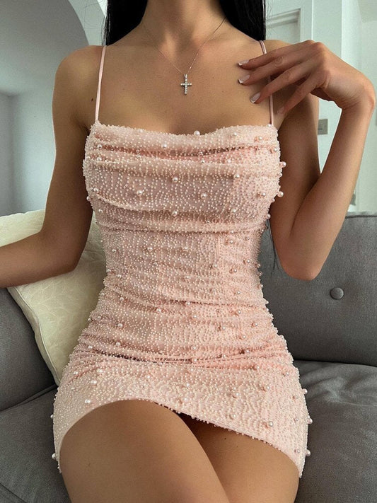 Women Sexy One-Line Neck Street Hipster Gorgeous Pearl Sling Short Party Party Dress  Spring Summer