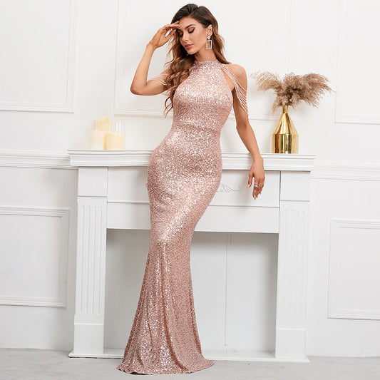 YIDINGZS Elegant Off Shoulder Beading Sequin Evening Dress Women Gold Party Bodycon Maxi Dress Long Prom Dress18098