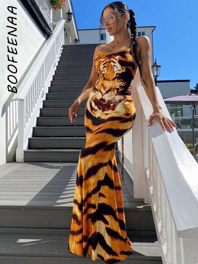 Tiger Printed Sexy Backless Maxi Dress Spring Summer  Women Party Nightclub Outfit Halter Bodycon Dresses C70-CD27
