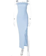 Articat    Feather Women Dress Blue Spaghetti Strap High Slit Dresses   Elegant Party Clubwear