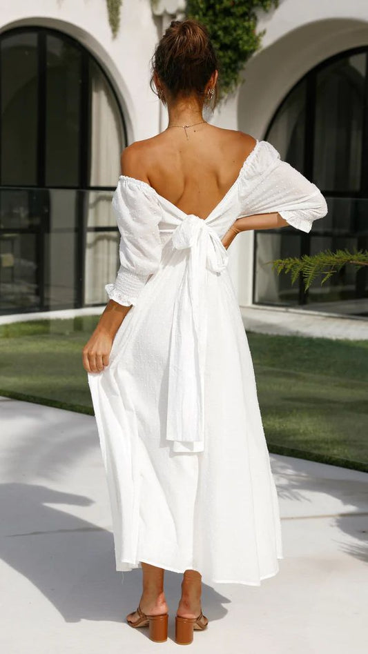 WildPinky Elegant Slash Neck Dot Women Party Dress Spring Summer White Off Shoulder Pleated Jacquard Maxi Dresses Holiday Beach Dress