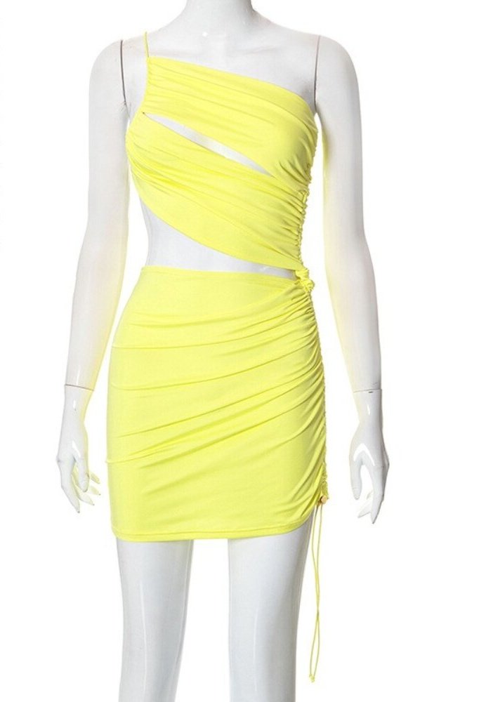 Asymmetric Cut Out One Shoulder Mini Dresses  Yellow Drawstring Ruched Bodycon Sexy Night Club Dress C85-CD19