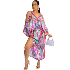 ANJAMANOR Boho Print Off Shoulder V Neck Long Dresses Sexy Beach Vacation   Spring Summer Dress Resort Wear D21-DB40