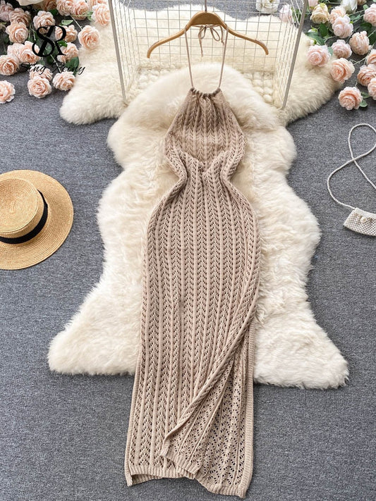 Backless Knitted Dress Women Halter Sleeveless Hollow Out Split Sundress  Vacation Knit Beach Long Dress