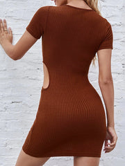 Women Sexy Solid Color Round Neck Pullover Hollow Knitted Short-sleeved Hip-pack Temperament Dress