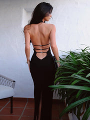 Women Sexy Y2K Clothes Sleeveless Hollow Out Halter Backless Side Slit Bodycon Maxi Dress  Club Prom Evening
