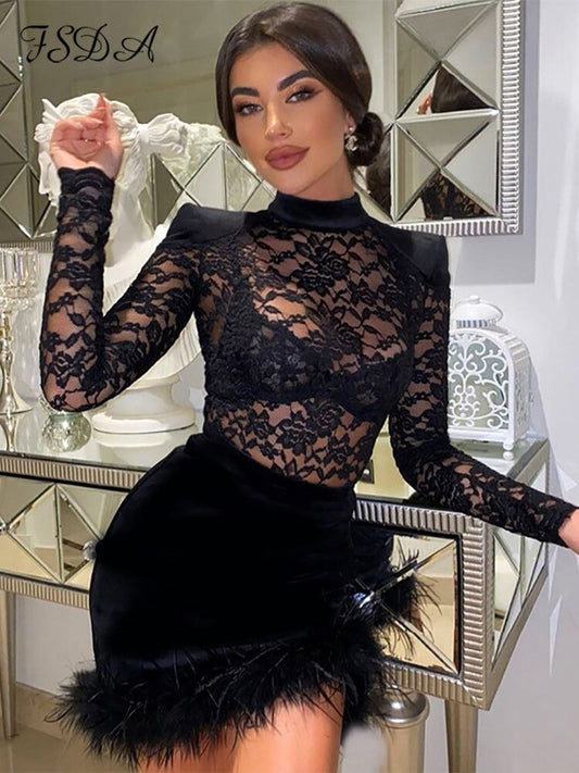 Black   Sexy Bodycon Dress Lace Feather Long Sleeve Mini Party Dresses Elegant Club See Through