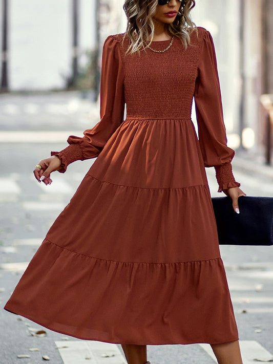 Fashion O Neck Long Sleeve Dresses Simple Midi Dress Solid Color