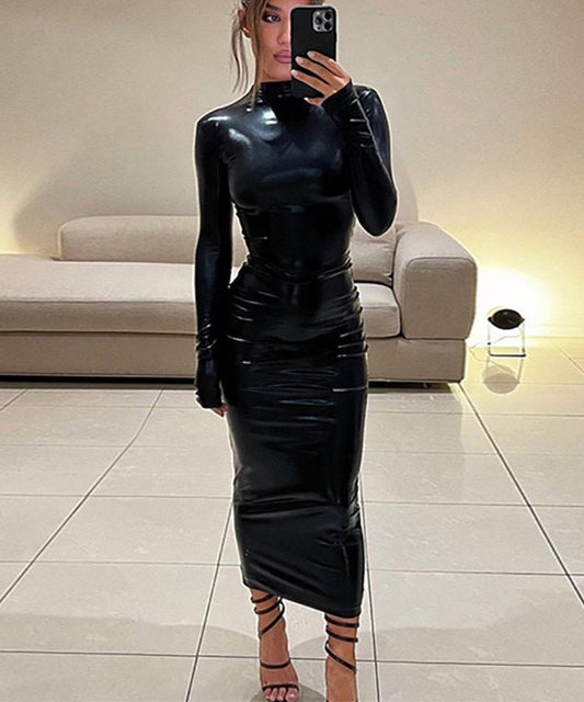 Black Midi Bodycon Dress Sexy Women Turtleneck Long Sleeve Pu Leather Party Dresses Club