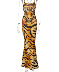 Tiger Print Sleeveless Backless Bandage Slips Maxi Dress Sexy Bodycon Summer Fashion Clothes Streetwear Party