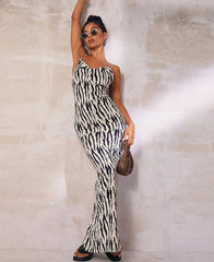 Zebra Print Swing Collar Sleeveless Backless Slit Maxi Prom Dress  Summer Party Club Outfit Night Out Elegant Y2K